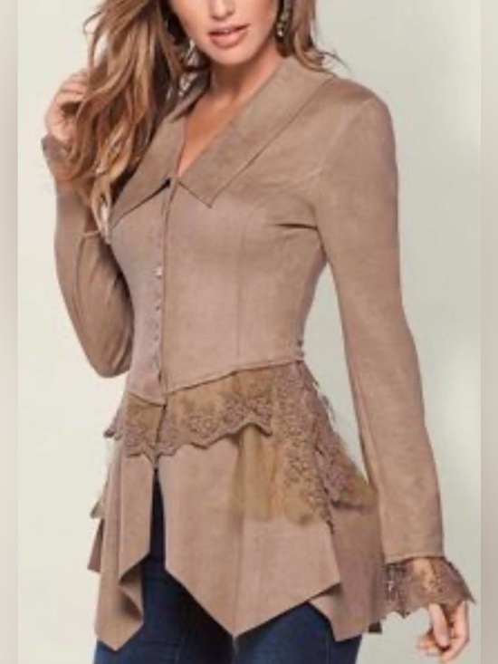 Cindy Oh Tops - CINDY OH Vintage Women’s Tan Lace-Trim Button Front Top - XL